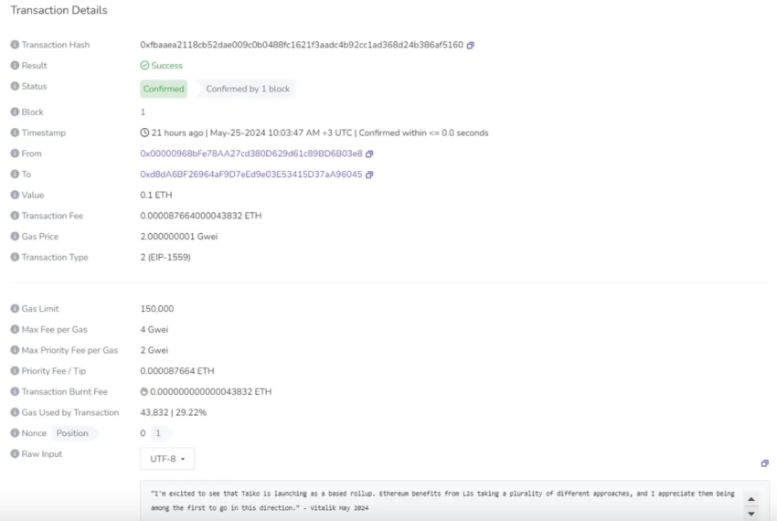 Primer bloque de Taiko en la mainnet de ETH, firmado por Vitalik Buterin. 